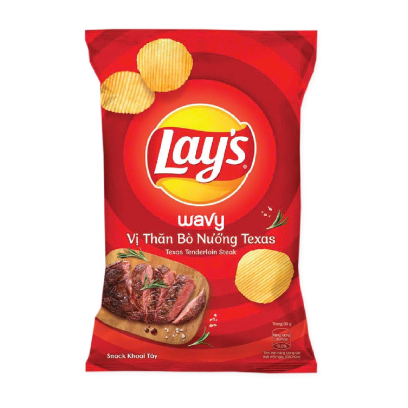 A-레이즈 웨이비 포테이토 스낵 텍사스 그릴드 비프 맛 90g(Snack khoai tây Lay’s Wavy vị thăn bò nướng Texas 90g)