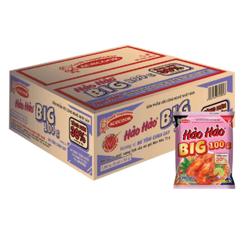 A-하오하오 빅톰 매운맛과 신맛이 나는 국수 100g 30팩 박스(Thùng 30 gói mì Hảo Hảo Big tôm chua cay 100g)