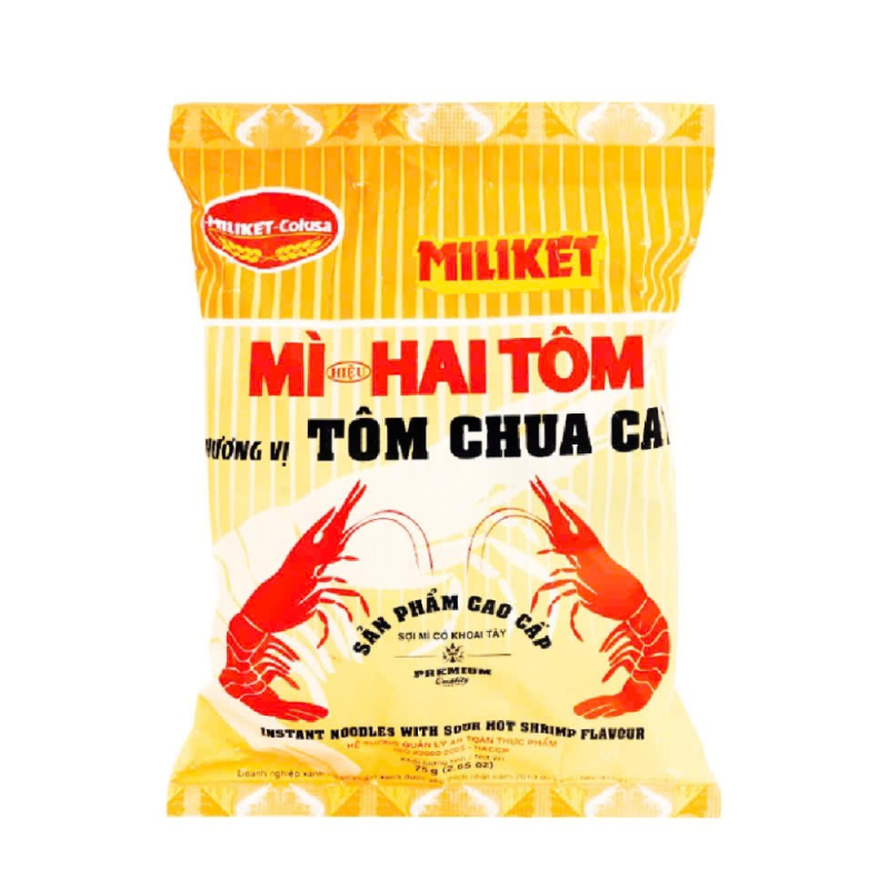 A-밀리켓 매콤새콤 새우 국수 75g 팩 (Mì Hai Tôm Miliket tôm chua cay gói 75g)