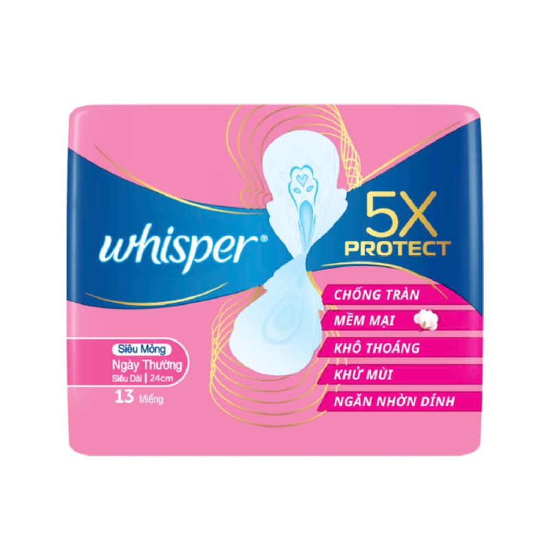 A-Whisper 5X 초박형 보호 생리대 24cm 13개(Băng vệ sinh Whisper 5X bảo vệ siêu mỏng 24cm 13miếng)
